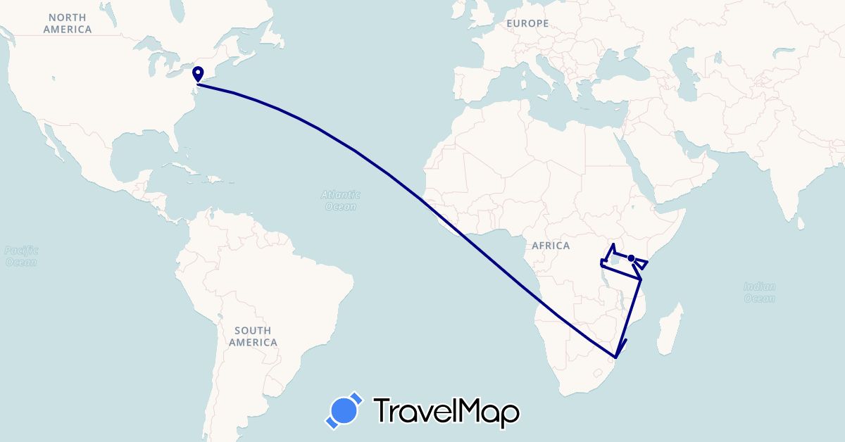 TravelMap itinerary: driving in Burundi, Kenya, Mozambique, Rwanda, Tanzania, Uganda, United States (Africa, North America)